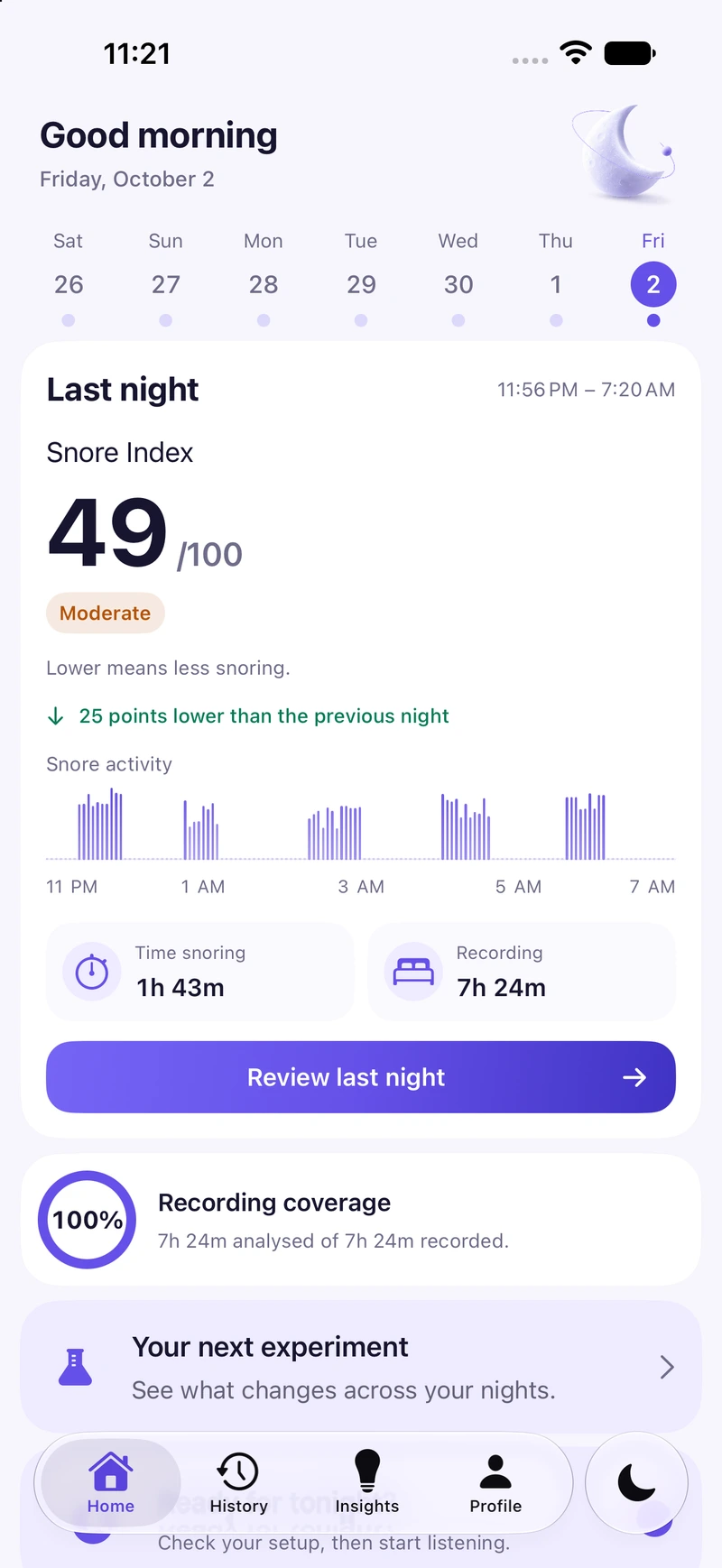 Actual SnoreSense Home screen with a morning report, snore activity and recording coverage, using sample data
