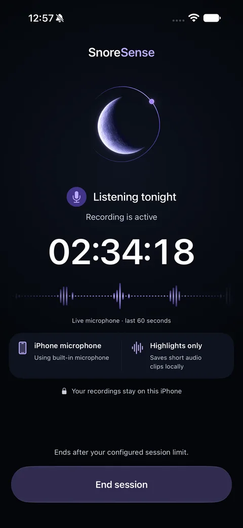 Actual SnoreSense recording screen showing an active session timer and live microphone waveform