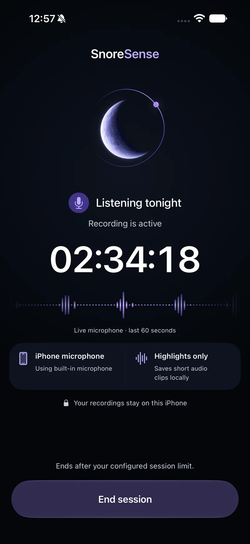 Actual SnoreSense recording screen showing an active session timer and live waveform