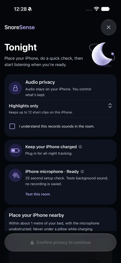 Actual SnoreSense Tonight screen with audio privacy choice, charging reminder, and a microphone check